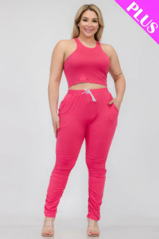 Plus Size Crop Tank Top & Ruched Pants Set Fuchsia