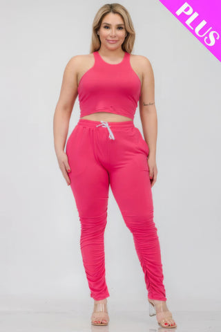 Plus Size Crop Tank Top & Ruched Pants Set Fuchsia