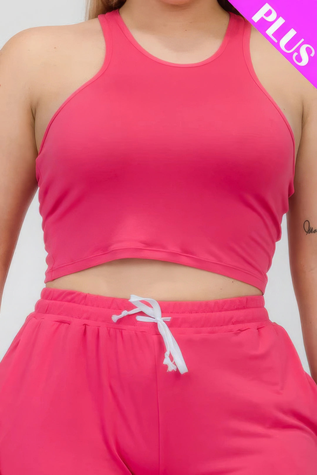 Plus Size Crop Tank Top & Ruched Pants Set Fuchsia