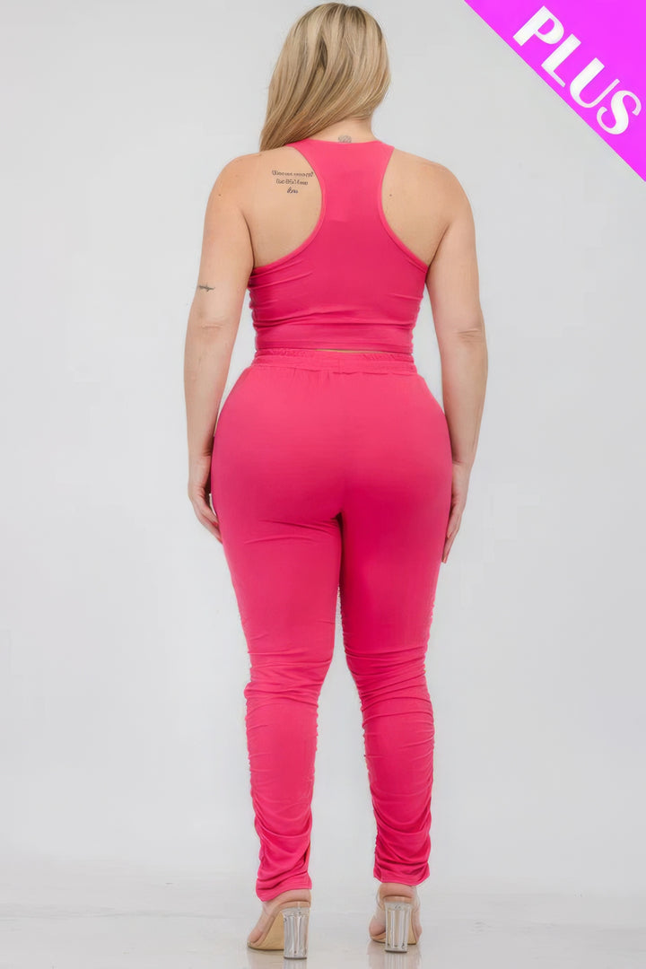 Plus Size Crop Tank Top & Ruched Pants Set Fuchsia