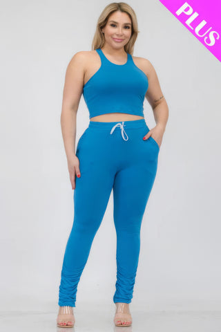 Plus Size Crop Tank Top & Ruched Pants Set Blue