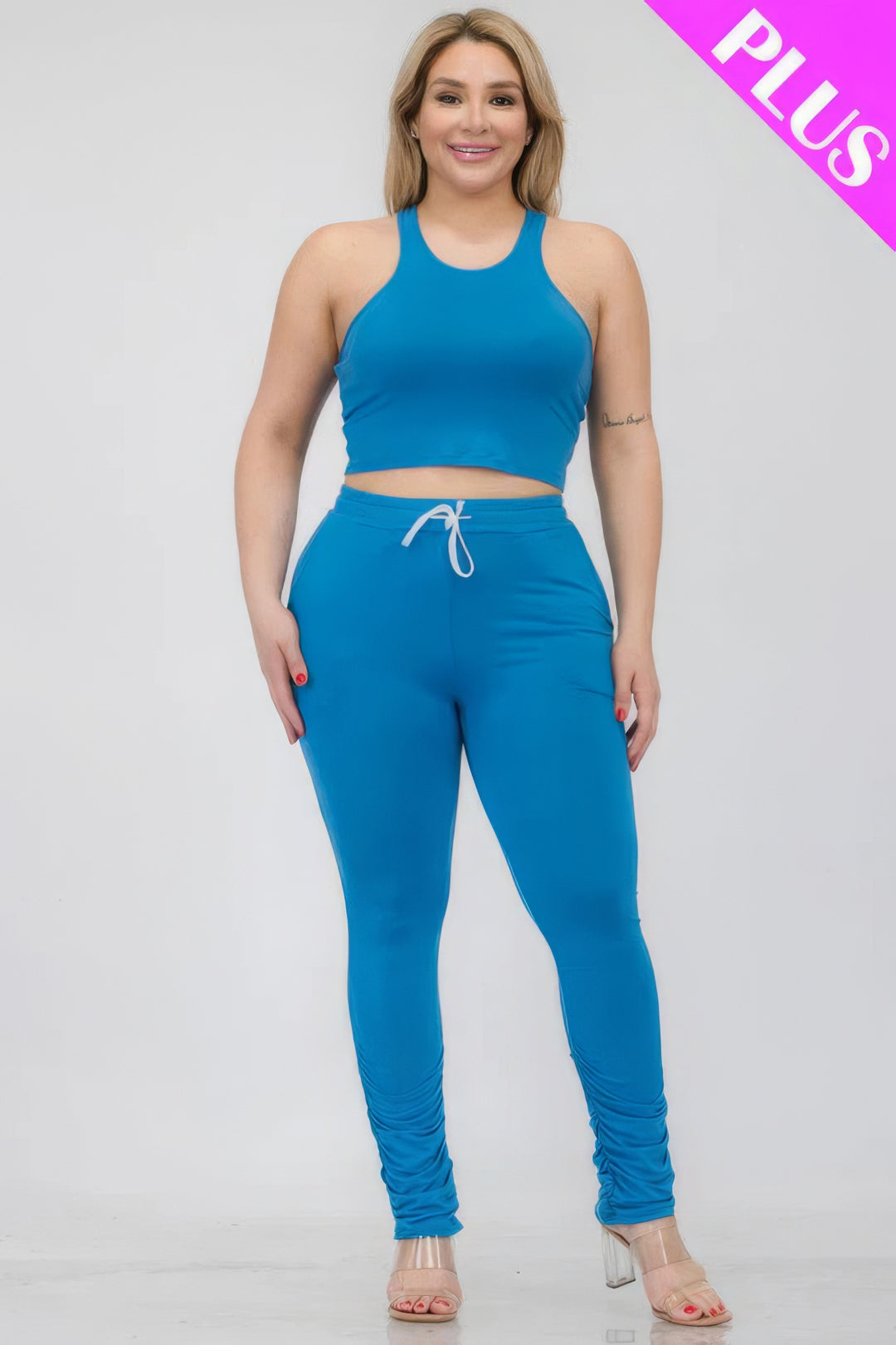 Plus Size Crop Tank Top & Ruched Pants Set Blue