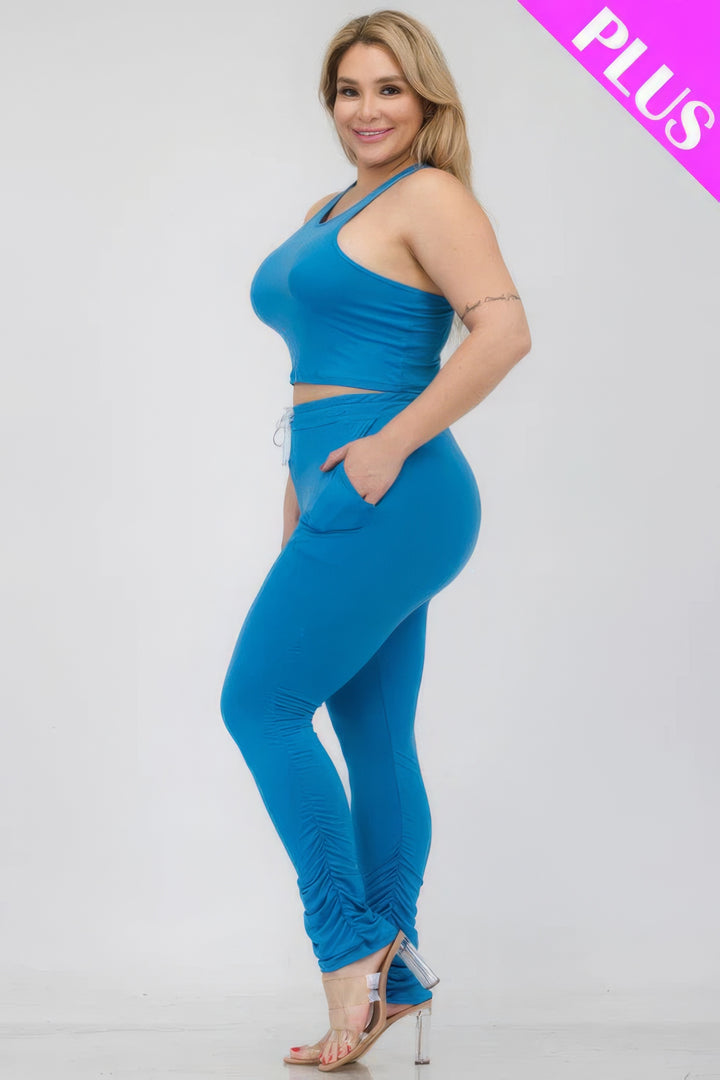 Plus Size Crop Tank Top & Ruched Pants Set Blue