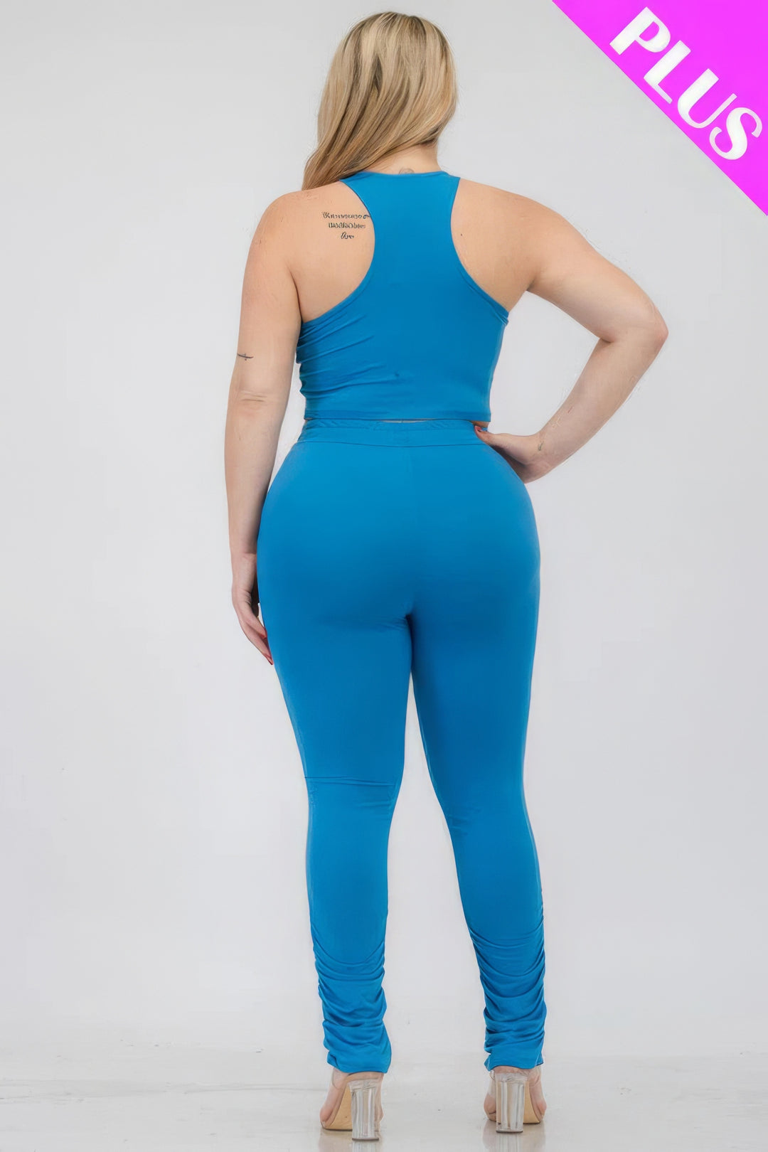 Plus Size Crop Tank Top & Ruched Pants Set Blue