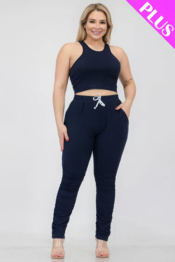 Plus Size Crop Tank Top & Ruched Pants Set Navy