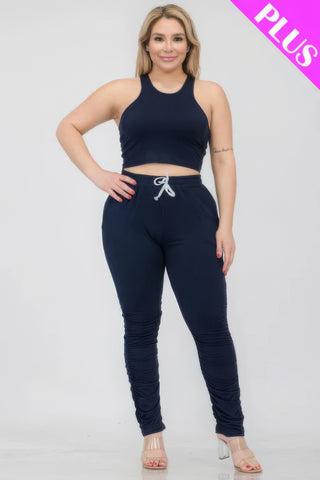 Plus Size Crop Tank Top & Ruched Pants Set Navy