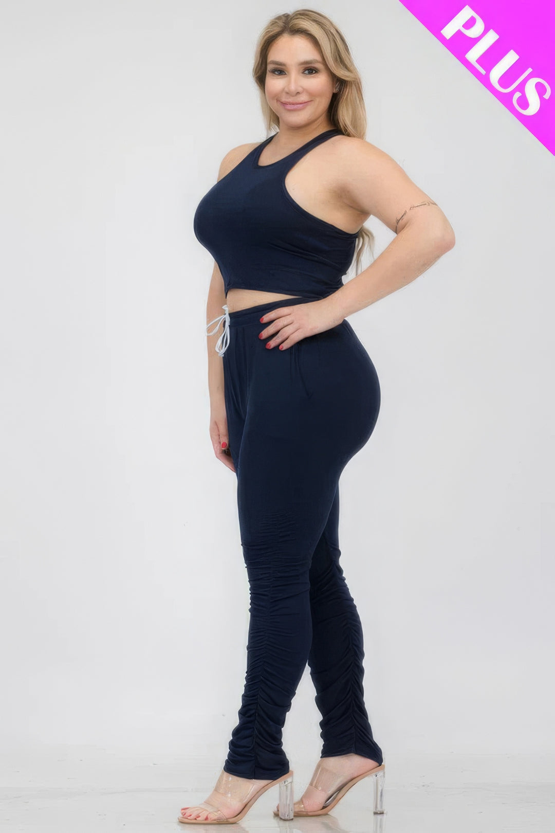 Plus Size Crop Tank Top & Ruched Pants Set Navy