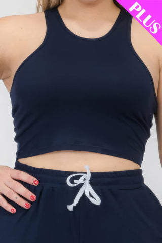 Plus Size Crop Tank Top & Ruched Pants Set Navy