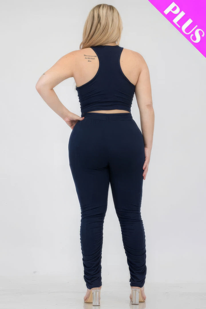 Plus Size Crop Tank Top & Ruched Pants Set Navy