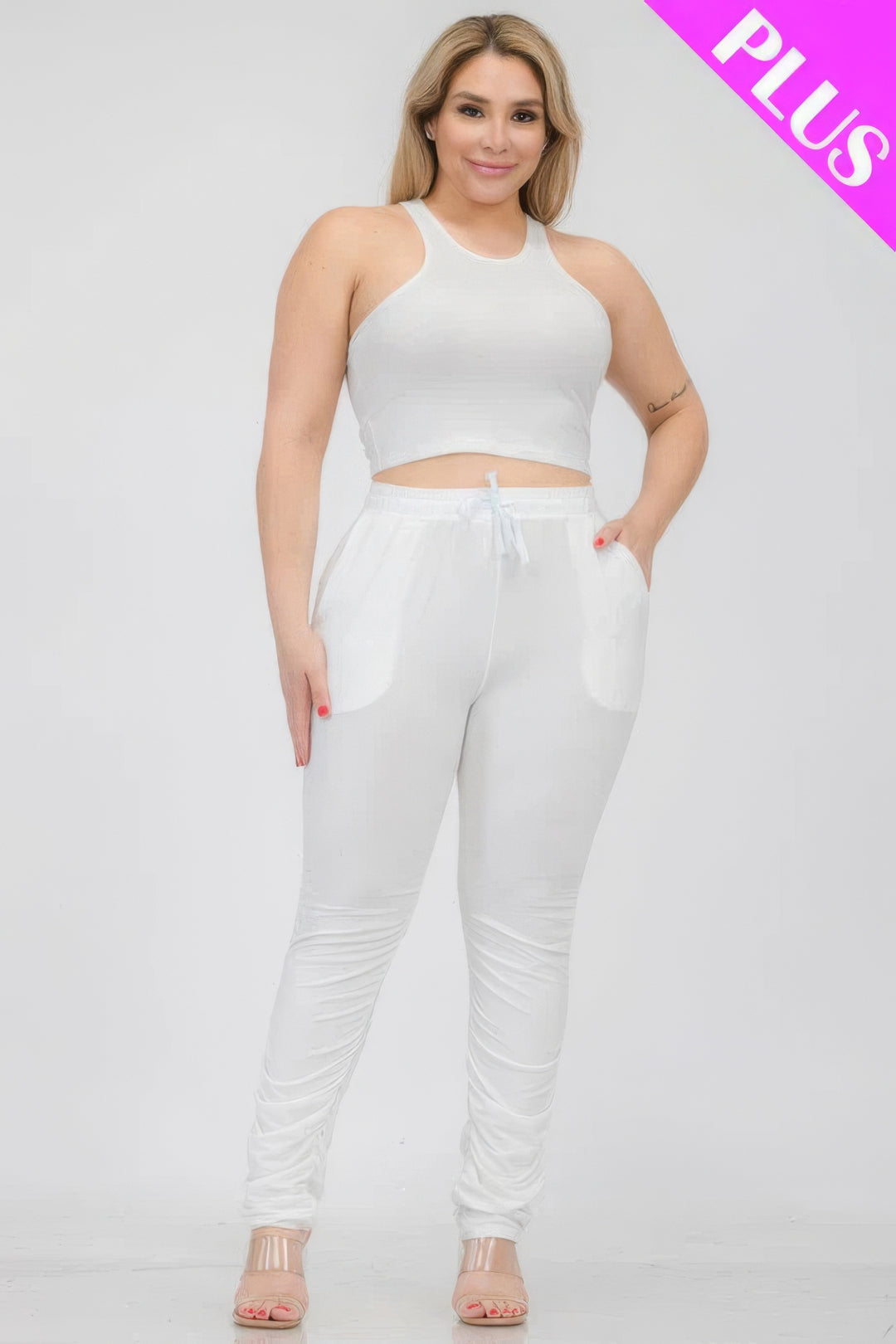 Plus Size Crop Tank Top & Ruched Pants Set White