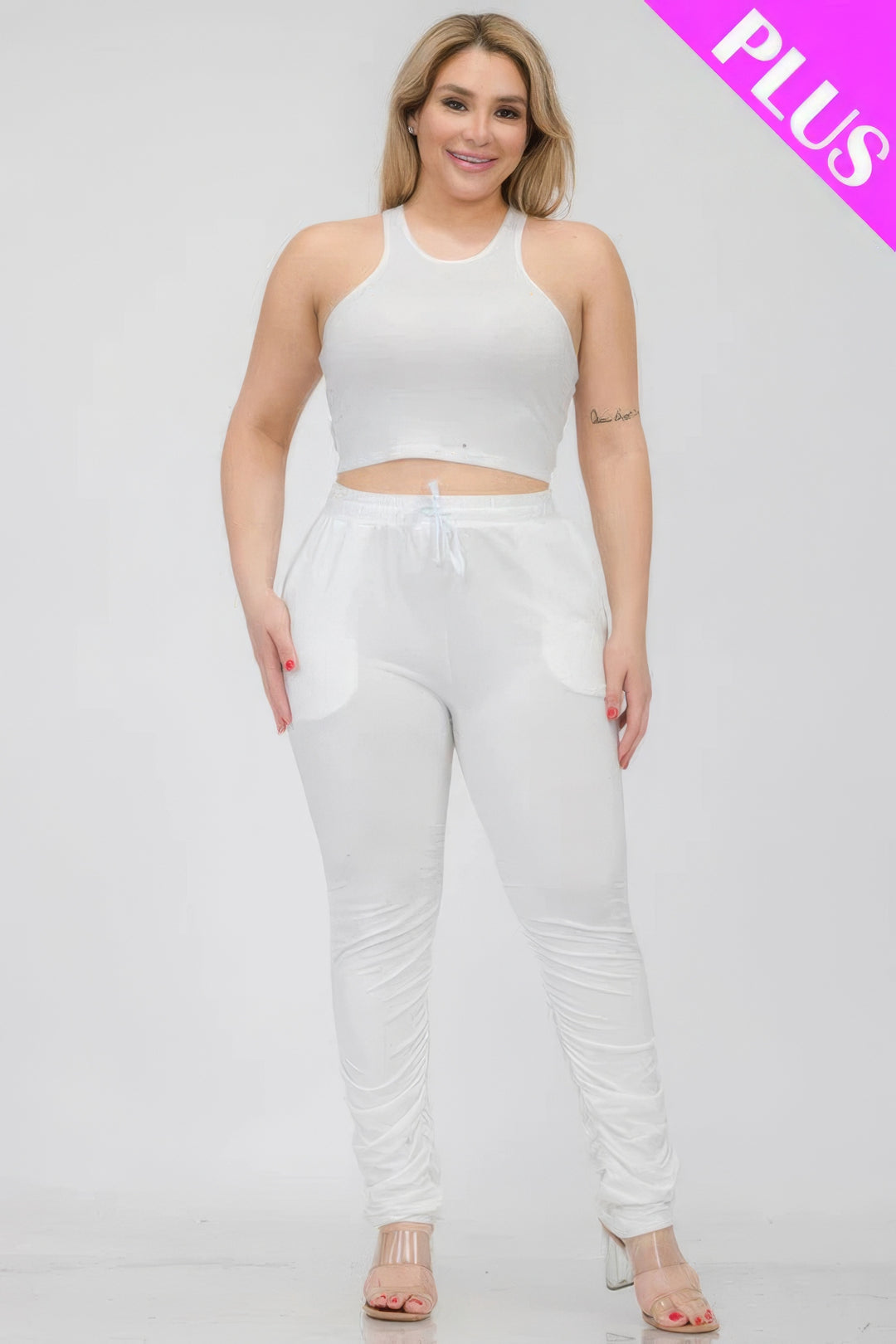 Plus Size Crop Tank Top & Ruched Pants Set White