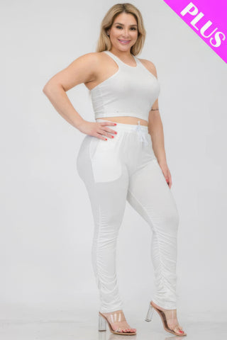 Plus Size Crop Tank Top & Ruched Pants Set White