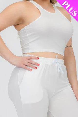 Plus Size Crop Tank Top & Ruched Pants Set White