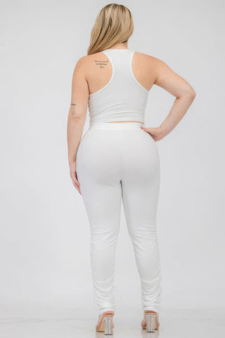 Plus Size Crop Tank Top & Ruched Pants Set White