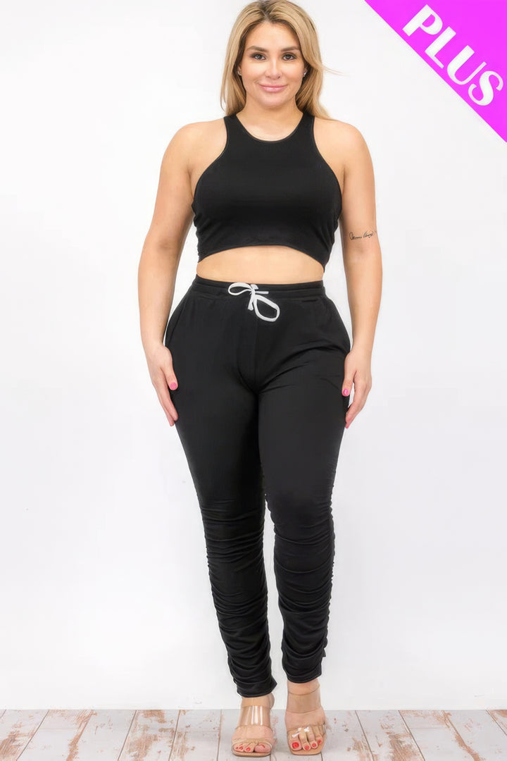 Plus Size Crop Tank Top & Ruched Pants Set Black