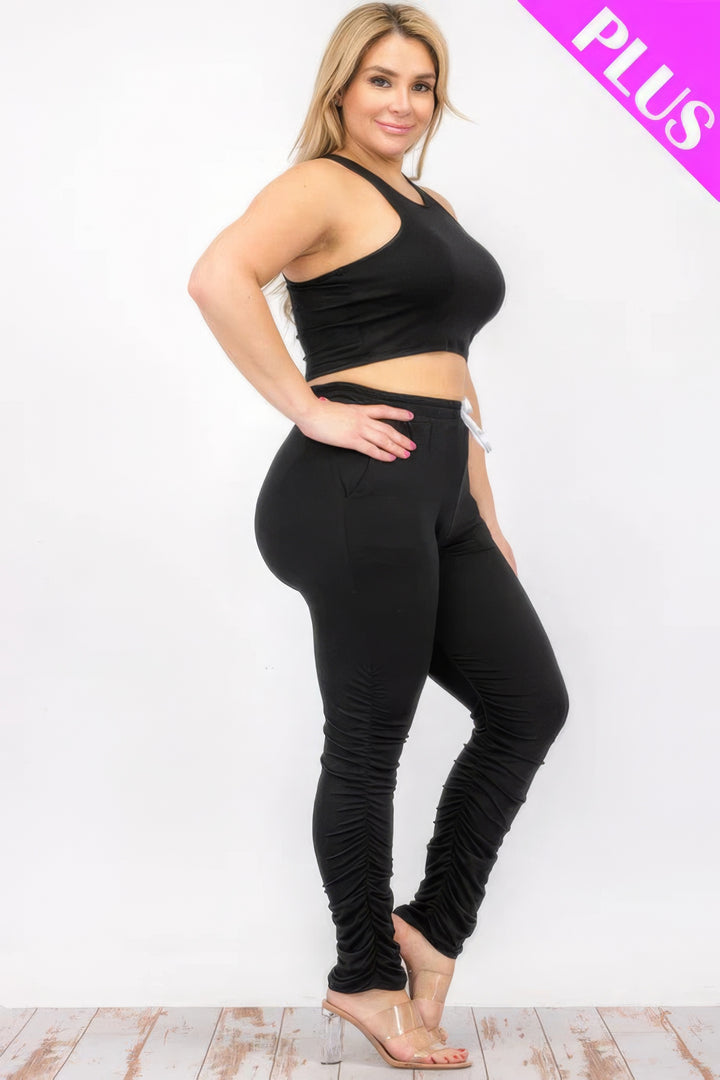 Plus Size Crop Tank Top & Ruched Pants Set Black