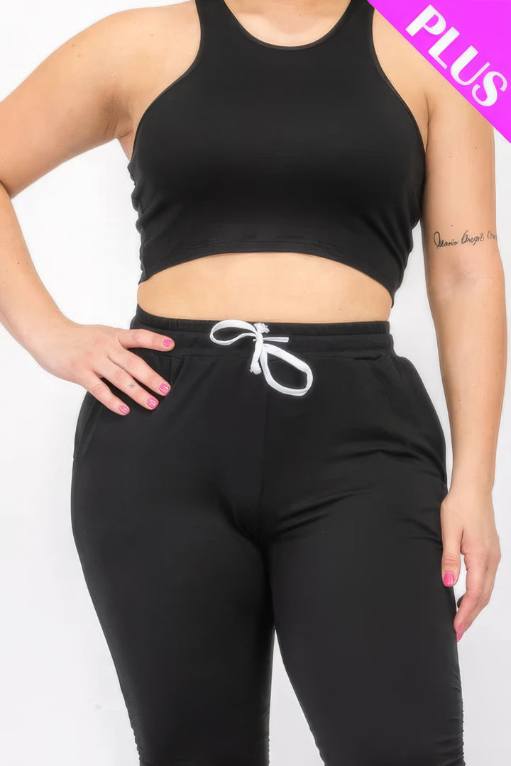 Plus Size Crop Tank Top & Ruched Pants Set Black