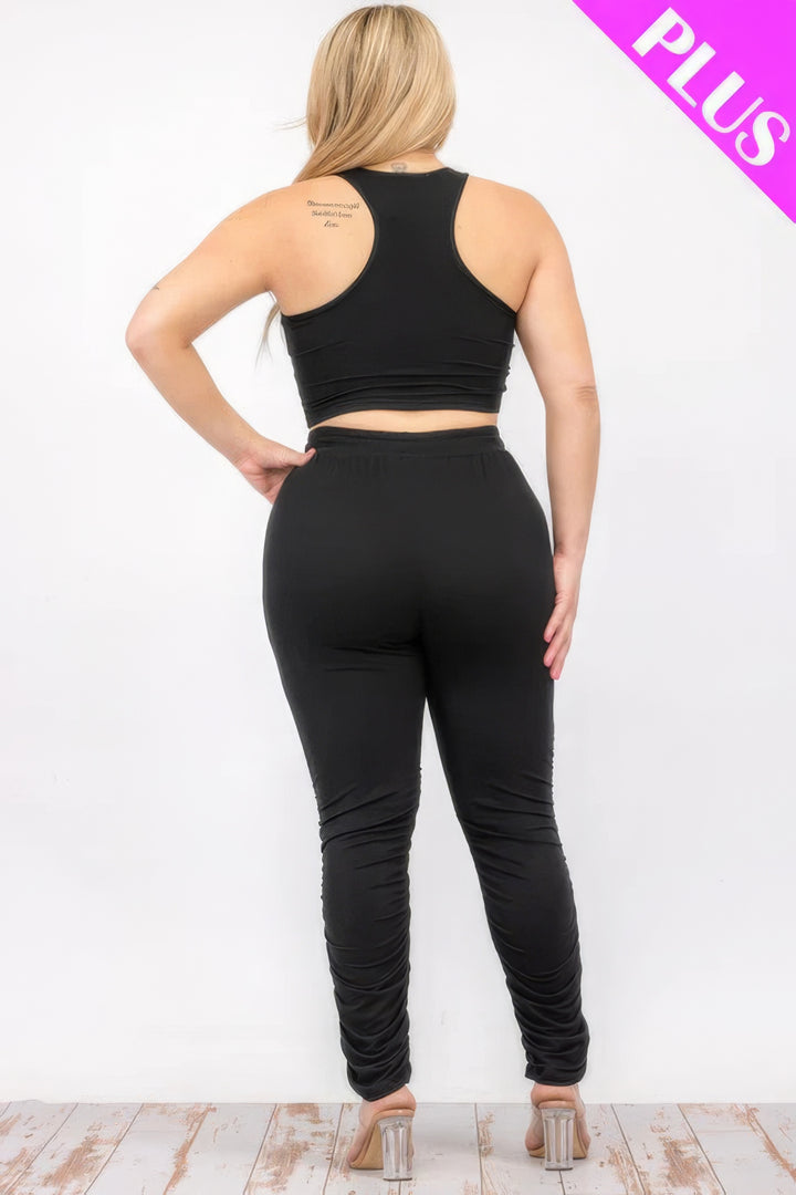 Plus Size Crop Tank Top & Ruched Pants Set Black