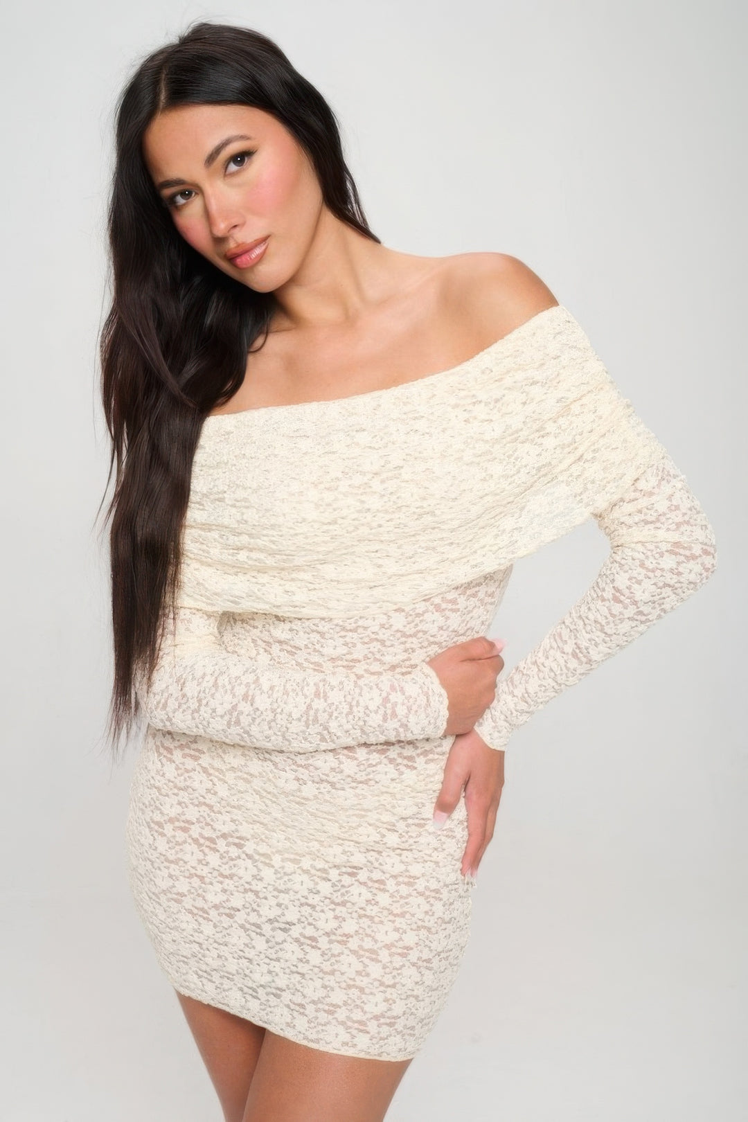 Off Shoulder Lace Dress Cream