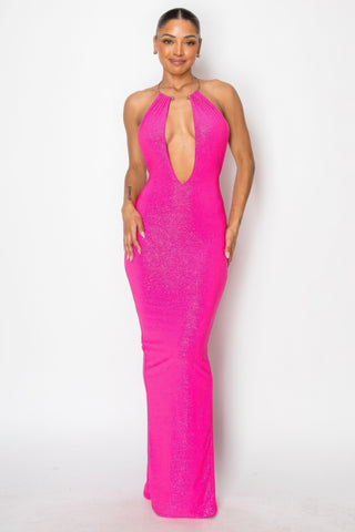 Fuchsia Flare Halter Glam Dress