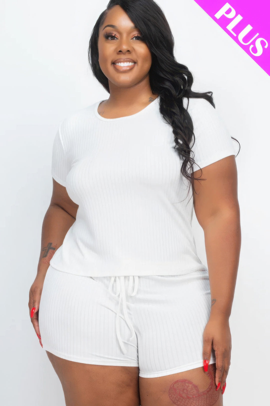 Plus Size Ribbed Short Sleeve Top&shorts Set White