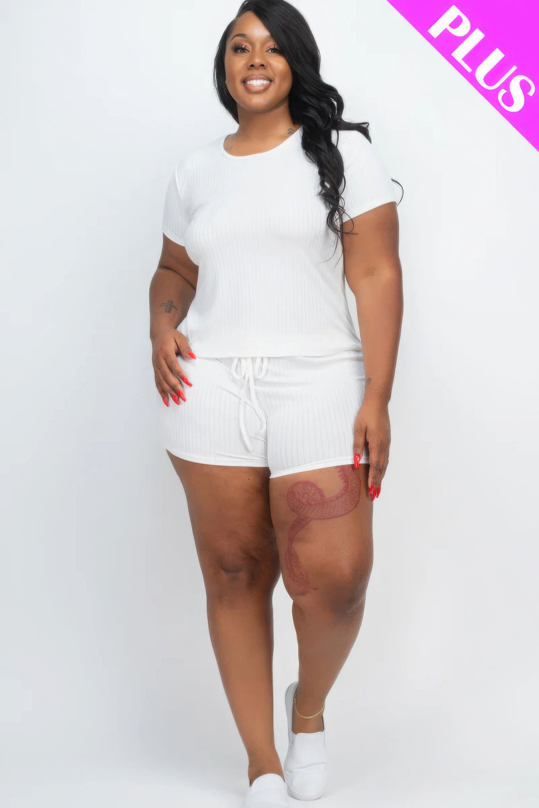 Plus Size Ribbed Short Sleeve Top&shorts Set White