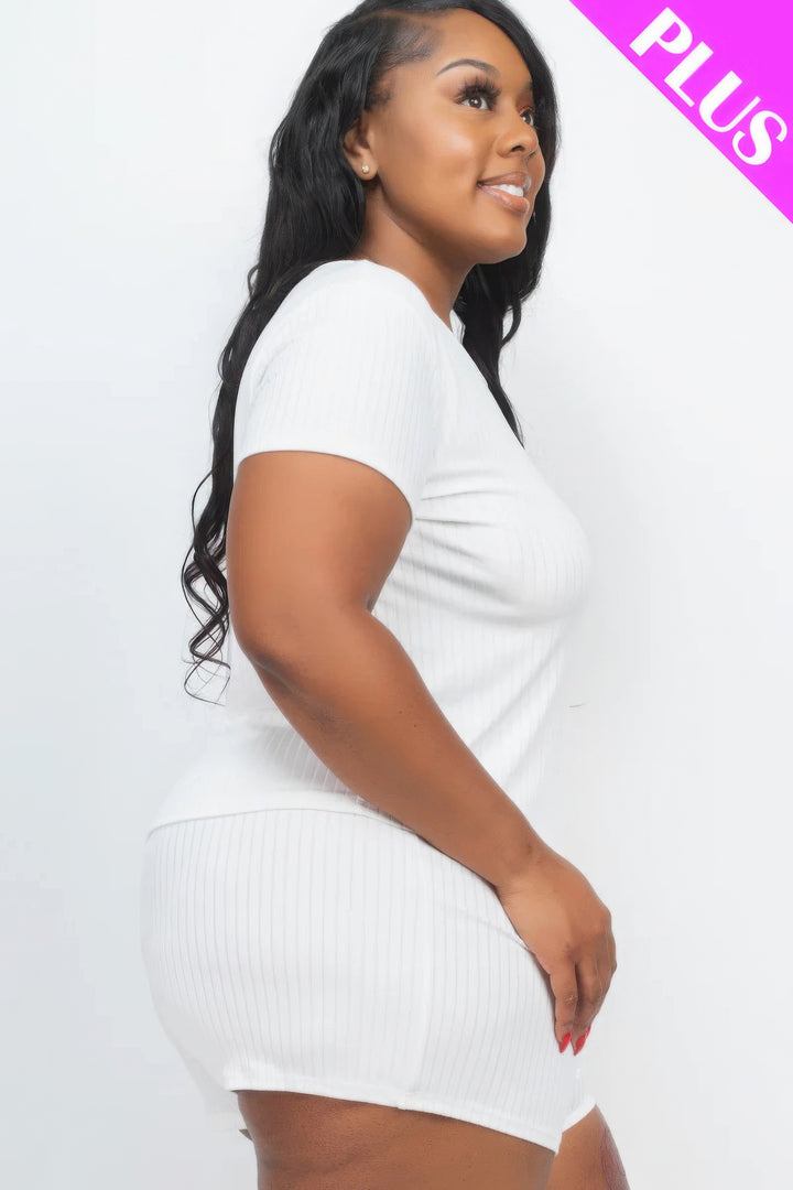 Plus Size Ribbed Short Sleeve Top&shorts Set White