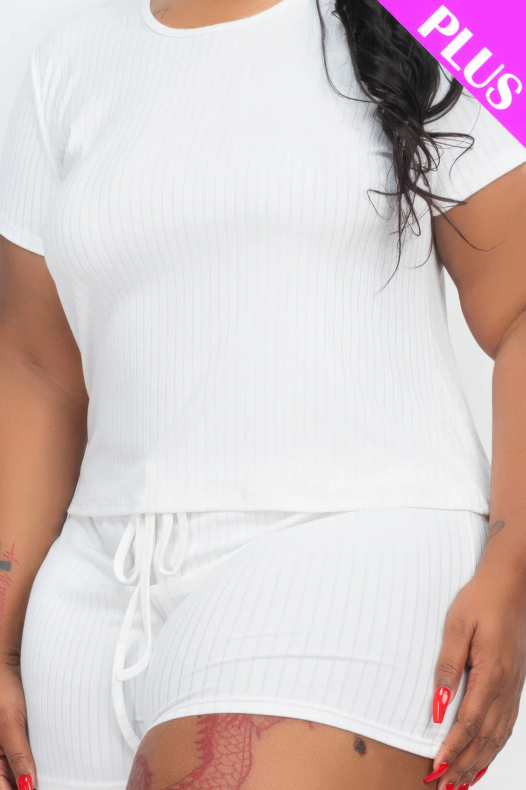 Plus Size Ribbed Short Sleeve Top&shorts Set White