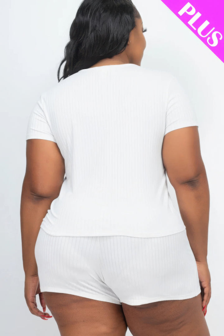 Plus Size Ribbed Short Sleeve Top&shorts Set White