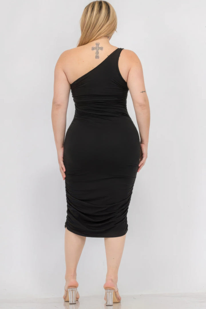 Plus Size Sexy Solid Color Ruched One Shoulder Midi Bodycon Dress Black