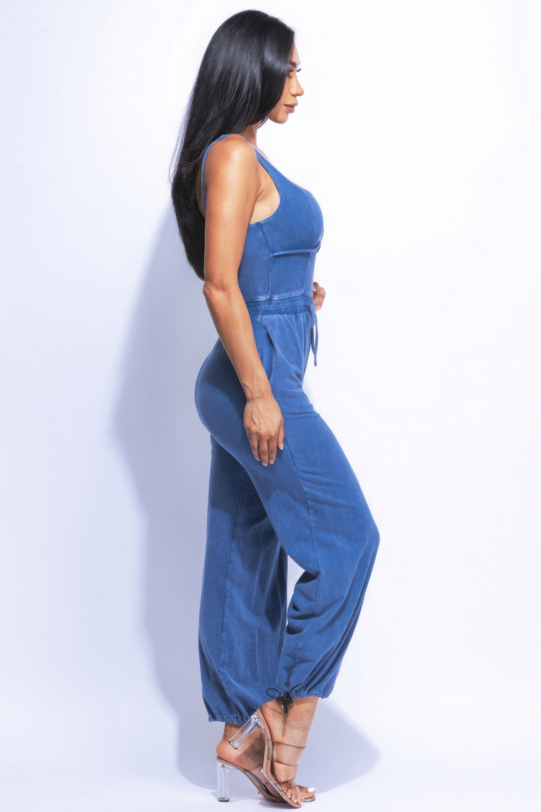 Washed Denim Jumpsuit With Adjustable Ankle