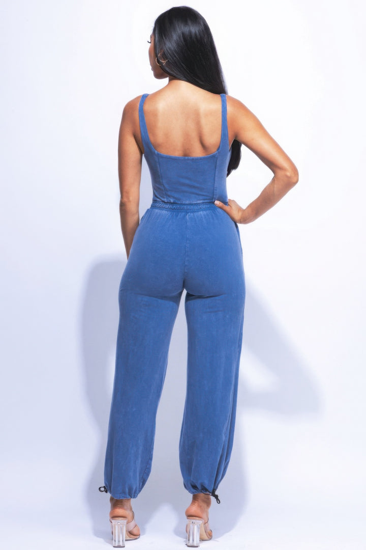 Washed Denim Jumpsuit With Adjustable Ankle