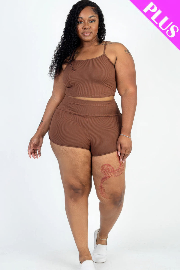 Plus Size Ribbed Cami Crop Top & Ruched Shorts Set Brown