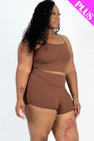 Plus Size Ribbed Cami Crop Top & Ruched Shorts Set Brown