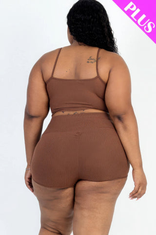 Plus Size Ribbed Cami Crop Top & Ruched Shorts Set Brown