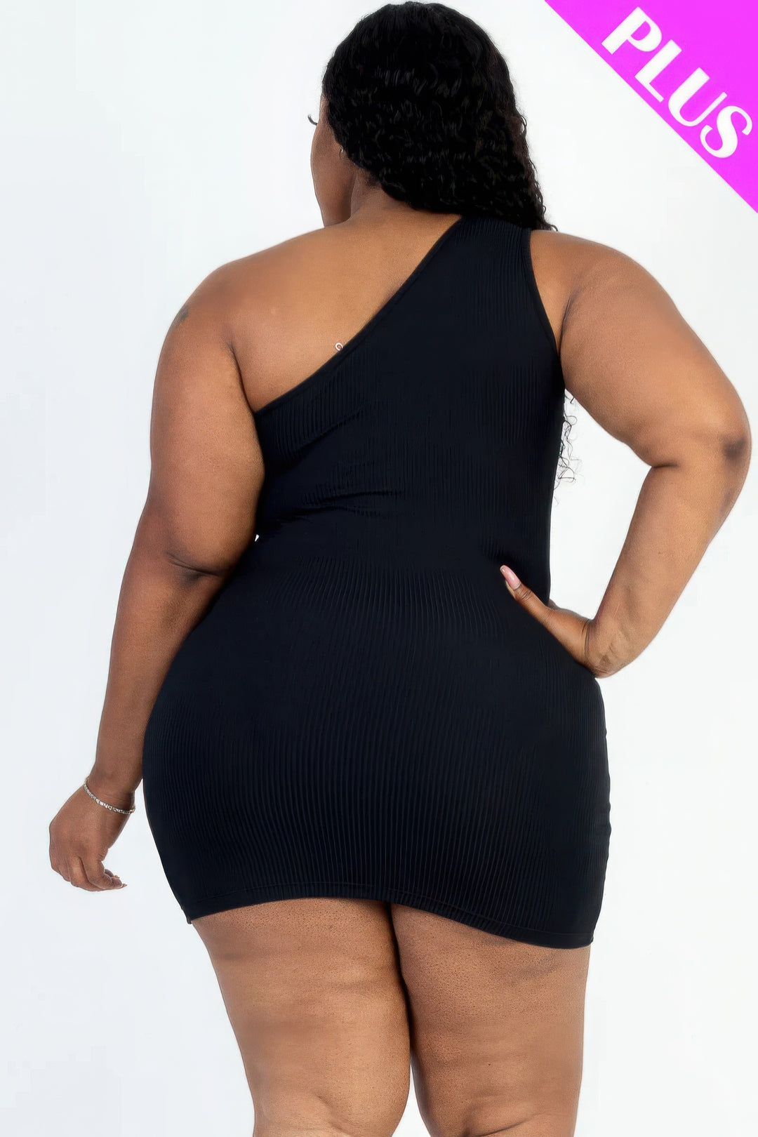 Plus Size Ribbed One Shoulder Cutout Front Casual Mini Bodycon Dress Black