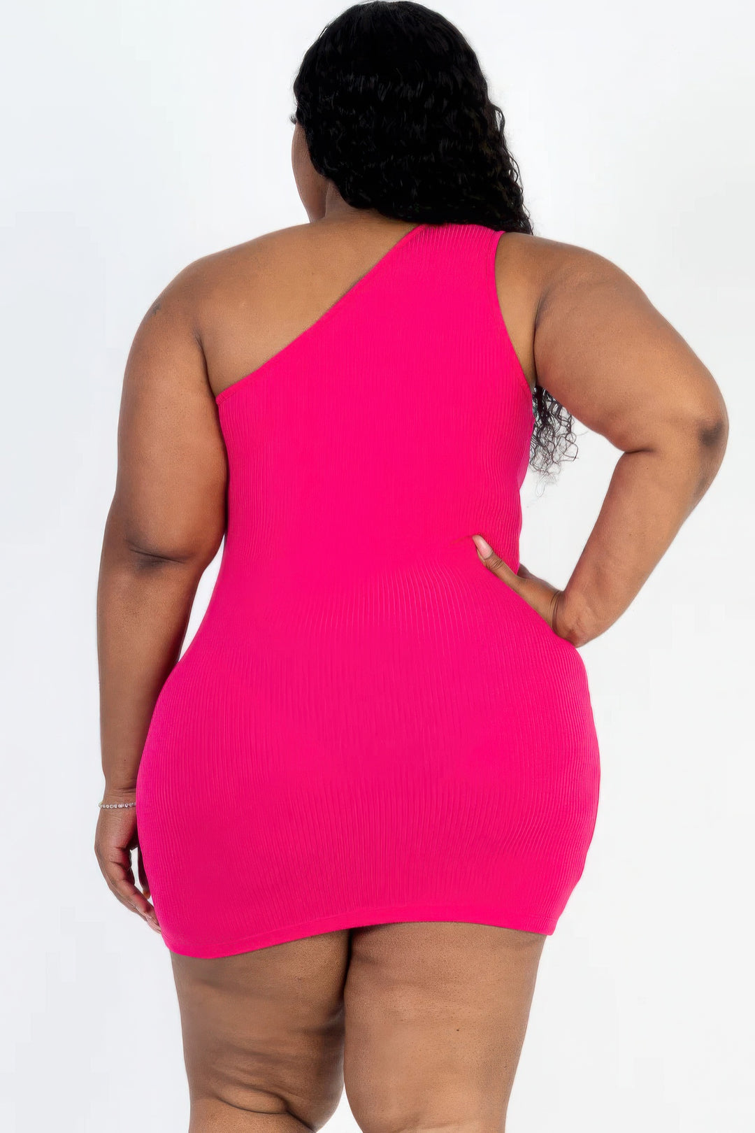 Plus Size Ribbed One Shoulder Cutout Front Casual Mini Bodycon Dress Fuchsia