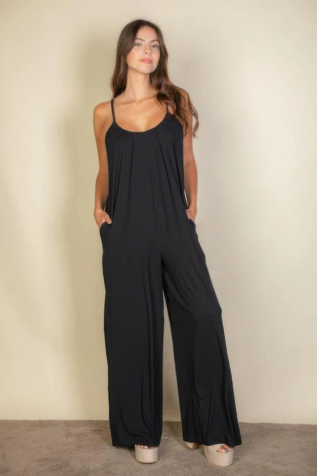 Spaghetti Strap Solid Wide Jumpsuit Black