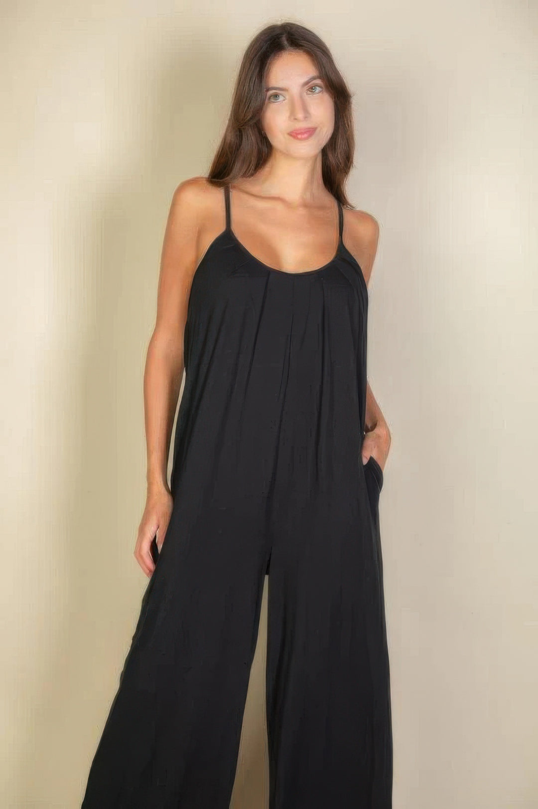 Spaghetti Strap Solid Wide Jumpsuit Black