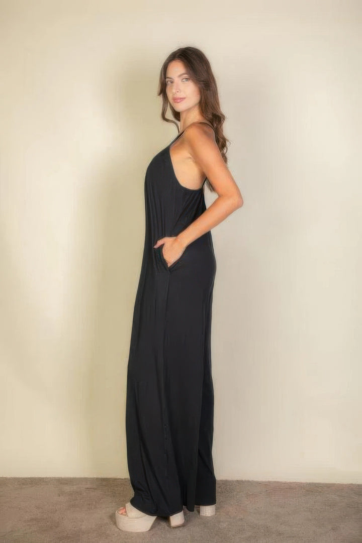 Spaghetti Strap Solid Wide Jumpsuit Black