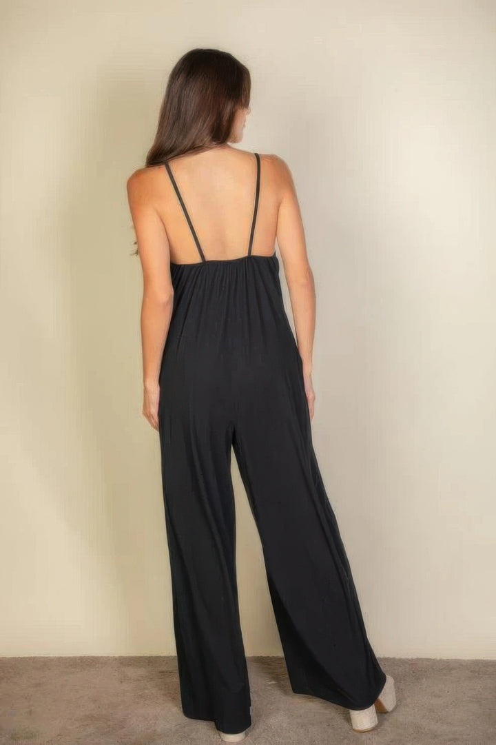 Spaghetti Strap Solid Wide Jumpsuit Black