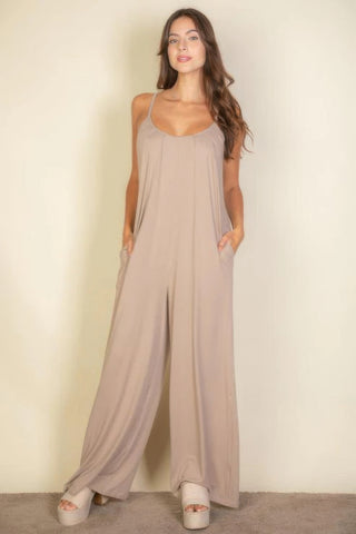 Spaghetti Strap Solid Wide Jumpsuit Taupe