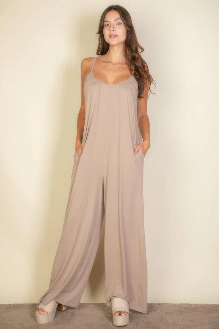 Spaghetti Strap Solid Wide Jumpsuit Taupe