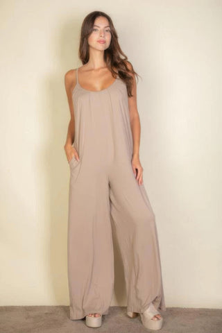 Spaghetti Strap Solid Wide Jumpsuit Taupe