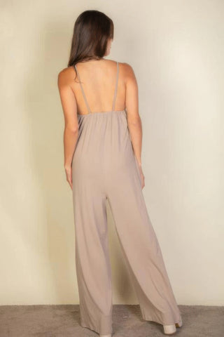 Spaghetti Strap Solid Wide Jumpsuit Taupe