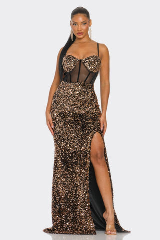 Cecily Velvet Luxe Corset Maxi Dress Gold