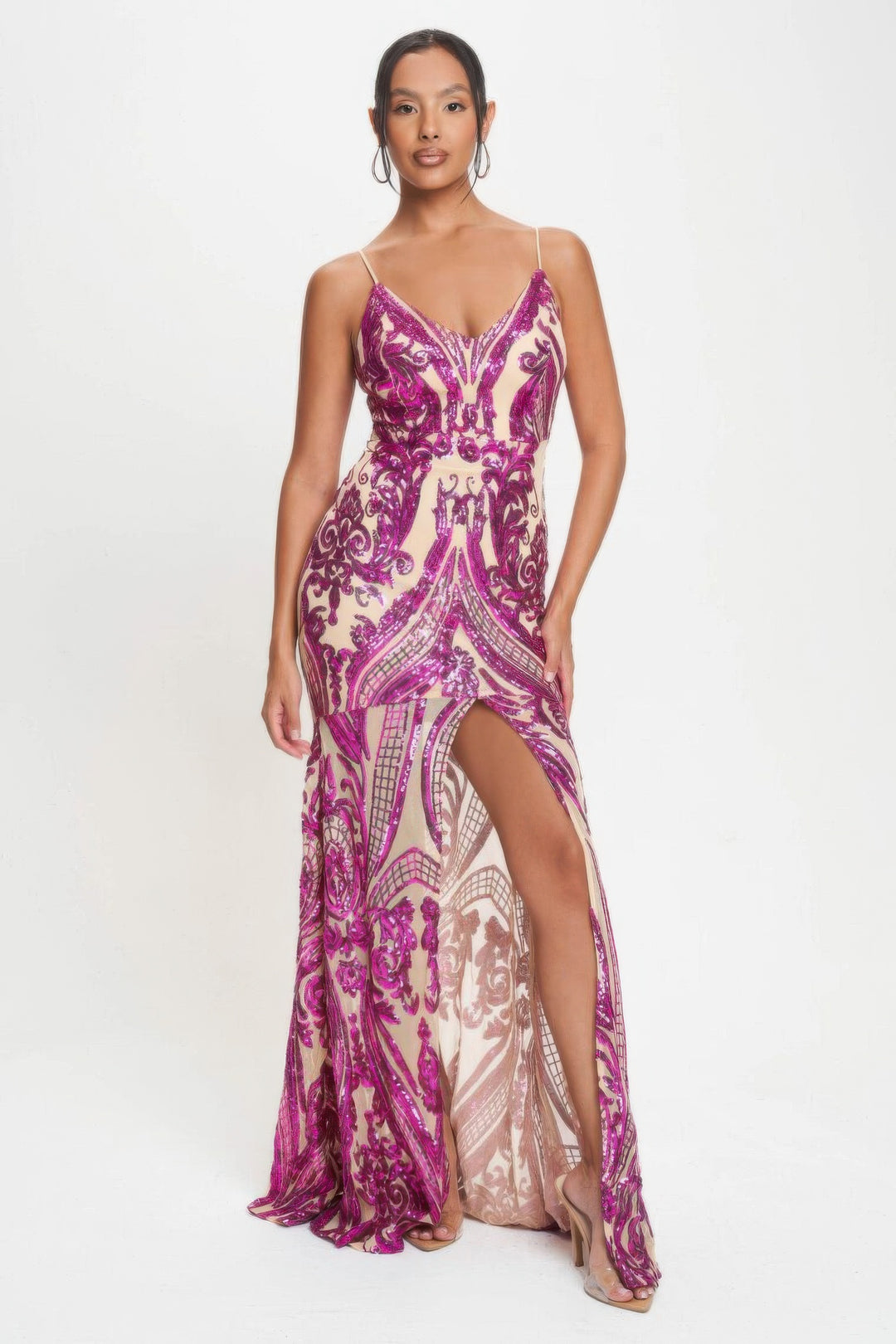 Spaghetti Strap Art Deco Sequins Maxi Dress Fuchsia