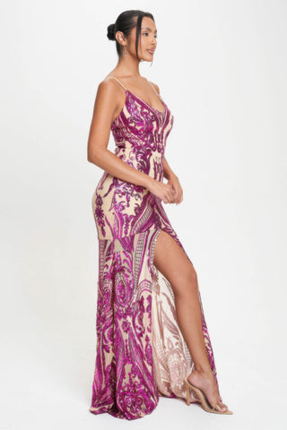 Fuchsia Art Deco Sequin Maxi Dress