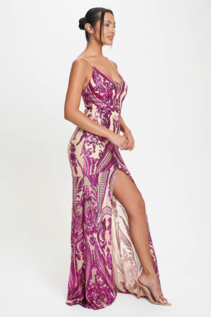 Spaghetti Strap Art Deco Sequins Maxi Dress Fuchsia