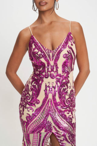 Fuchsia Art Deco Sequin Maxi Dress